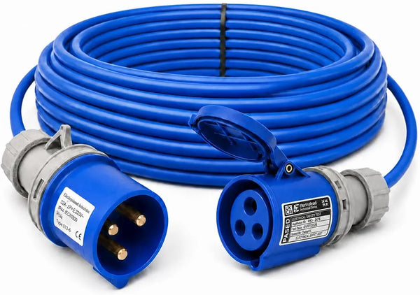 32A 3 Pin 240V 3m Blue Industrial Single Phase Extension Lead – 32 Amp, 3G4mm² Arctic Grade Cable, IP44, CE Marked IEC 60309 2P+E Components