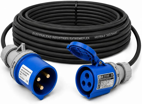 ElectraLead 16A 3 Pin 3m Industrial Extension Lead 230V Single Phase Blue IP44 IEC 60309 – CE Marked Connectors – 3G2.5mm² H07RN-F Rubber Cable – PAT Tested