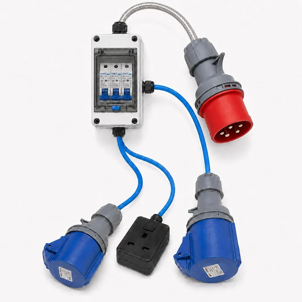 32A 5-Pin 415V 3-Phase MCB Distribution Box to 32A, 16A & 13A UK Outputs