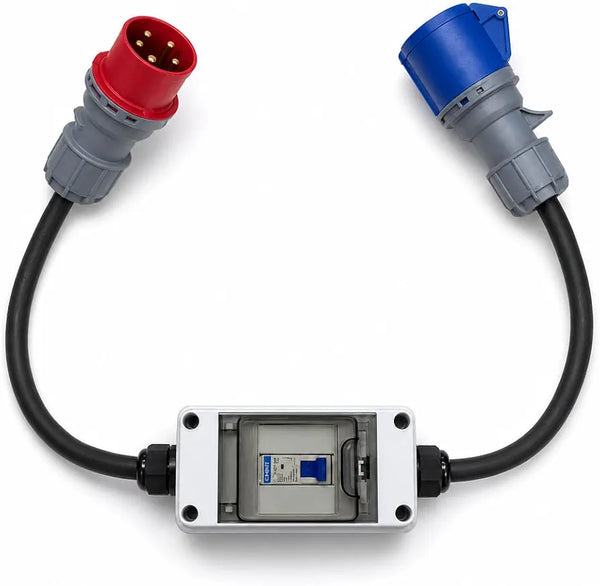 32A to 32A 3 Phase MCB Distrobution Wall Hanging Adaptor Box – 32A 5 Pin 415V Inlet to 32A 3 Pin 230V Outlet – IEC 60309 Industrial Step-Down Adaptor – MCB Protected – PAT Tested