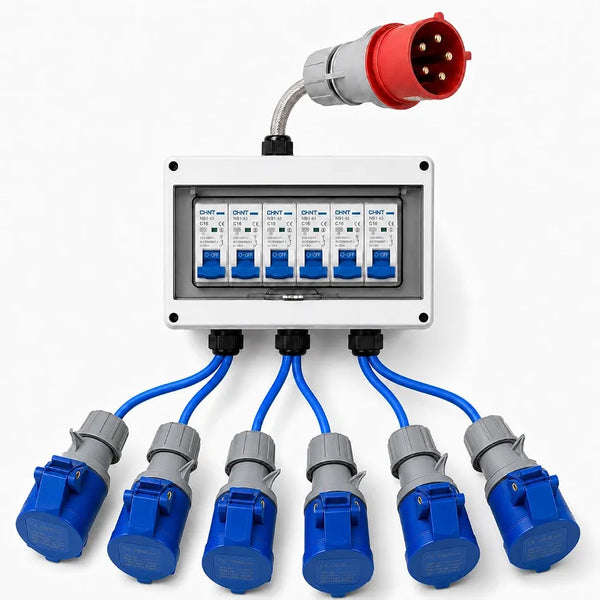 32A 5-Pin 415V 3-Phase Distribution Box to 6 × 16A 3-Pin 230V Outputs