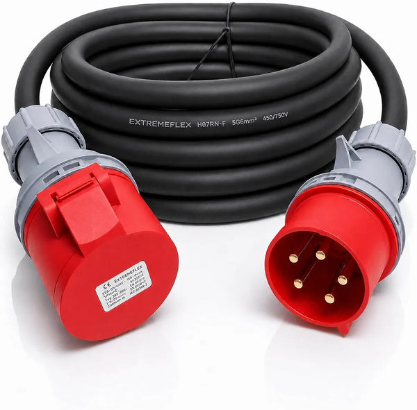 32A 5 Pin 415V 3m Red Industrial 3 Phase Extension Lead – 32 Amp, 5G6mm² H07RN-F Rubber Cable, IP44, CE Marked IEC 60309 Components
