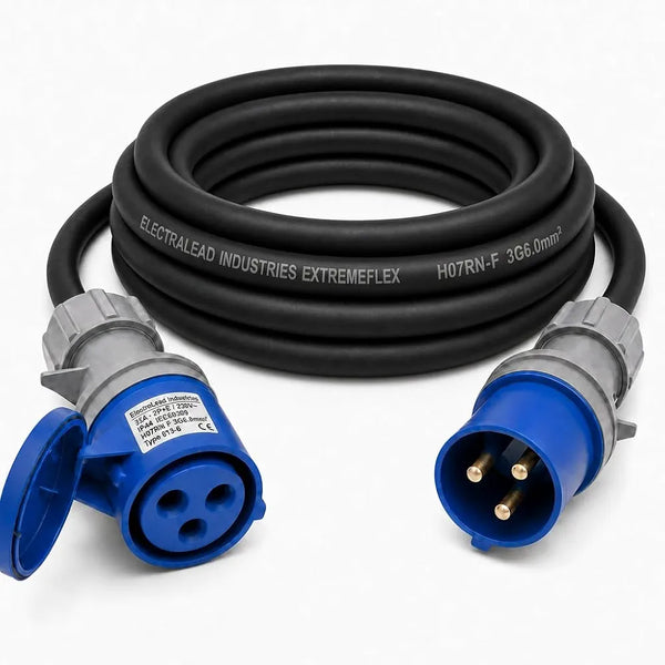 32A 3 Pin 230V 3m Blue Industrial Single Phase Extension Lead – 32 Amp, 3G6mm² H07RN-F Rubber Cable, IP44, CE Marked IEC 60309 2P+E Components