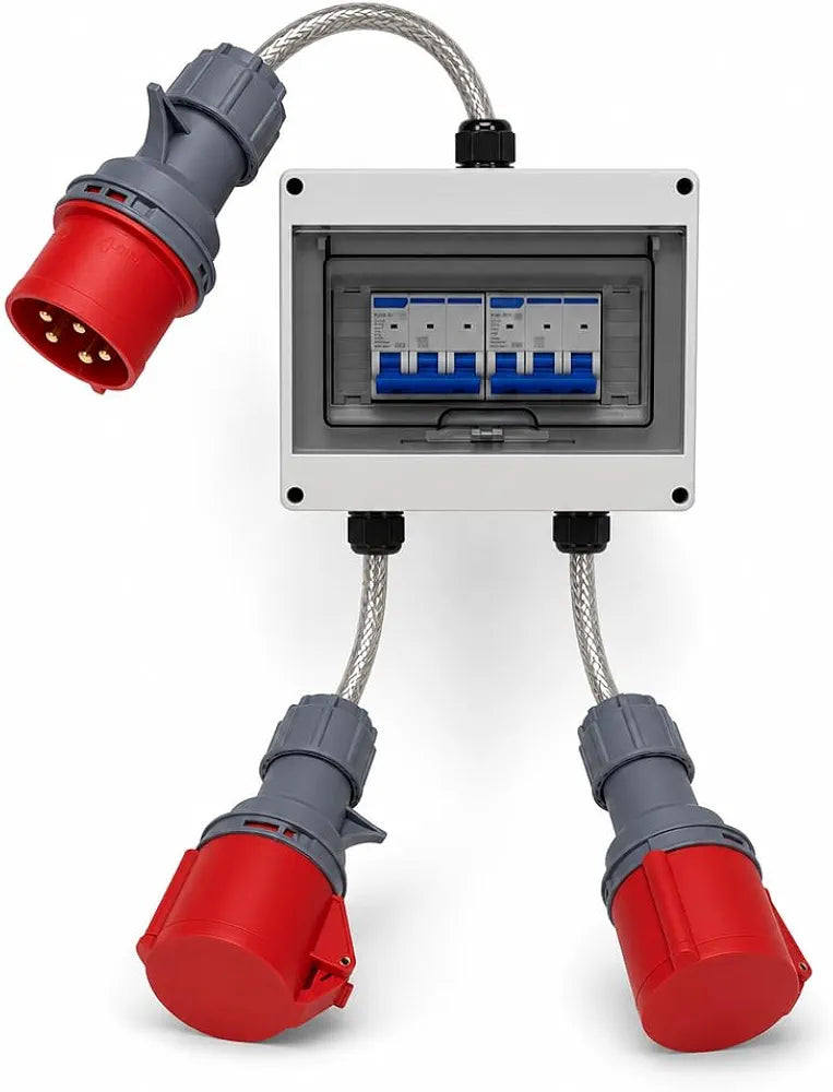 32A 5 Pin 415V Red CE Distribution Box to 2 x 32A 5 Pin Outputs, Dual MCB Protected IEC 60309 IP65 Industrial Power Splitter