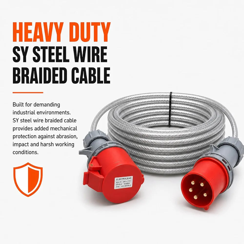 32A 5 Pin 3 Phase Extension Lead 3m – 415V Industrial Heavy Duty Steel Armoured Cable with Red CEE Plug & Socket – IP44 Site/Generator Power Lead – PAT Tested 