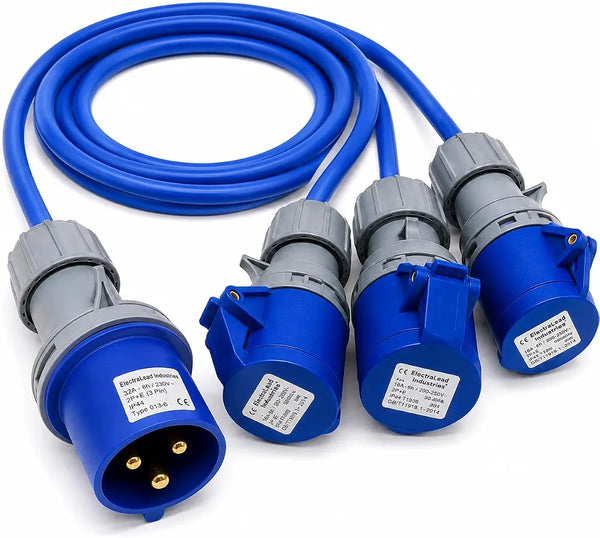 ElectraLead 32A 3 Pin to 3 x 16A 3 Pin Splitter Lead – 1m Arctic Grade Cable – 230V IEC 60309 IP44 – CE Marked Industrial Connectors – Electrically Tested
