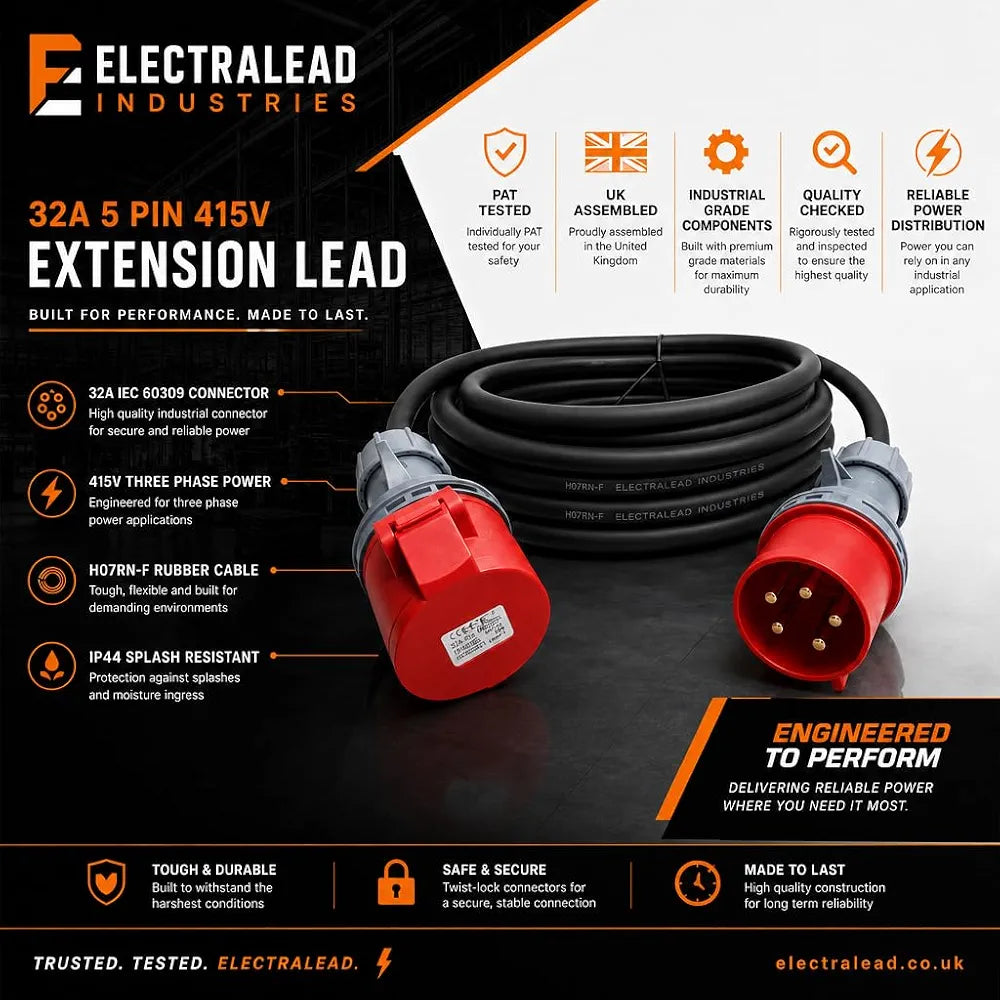 3 Phase Extension Lead - 32A 5-Pin 3m 415V IP44 H07RN-F Heavy Duty Rubber Cable - PAT tested 3 Metre