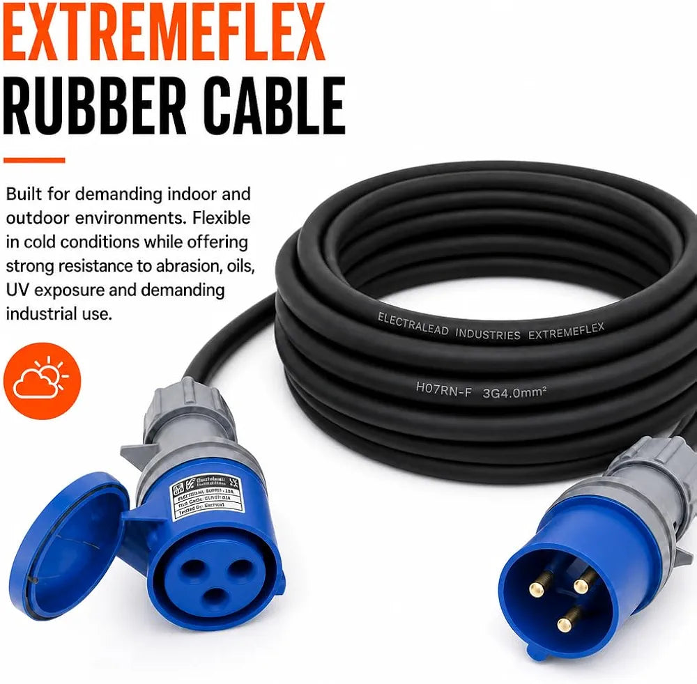 32A 3 Pin 230V 3m Blue Industrial Single Phase Extension Lead – 32 Amp, 3G4mm² H07RN-F Rubber Cable, IP44, CE Marked IEC 60309 2P+E Components 