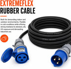 32A 3 Pin 230V 3m Blue Industrial Single Phase Extension Lead – 32 Amp, 3G4mm² H07RN-F Rubber Cable, IP44, CE Marked IEC 60309 2P+E Components 