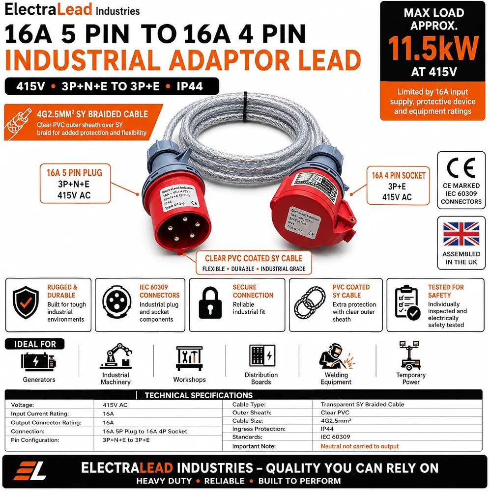 16A 5 Pin to 16A 4 Pin 415V 1M 3 Phase Industrial Adaptor Lead – 4G2.5mm² SY Steel Wire Braided Cable, 3P+N+E to 3P+E, IP44, Red CE Marked IEC 60309 Connectors 