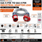 16A 5 Pin to 16A 4 Pin 415V 1M 3 Phase Industrial Adaptor Lead – 4G2.5mm² SY Steel Wire Braided Cable, 3P+N+E to 3P+E, IP44, Red CE Marked IEC 60309 Connectors 