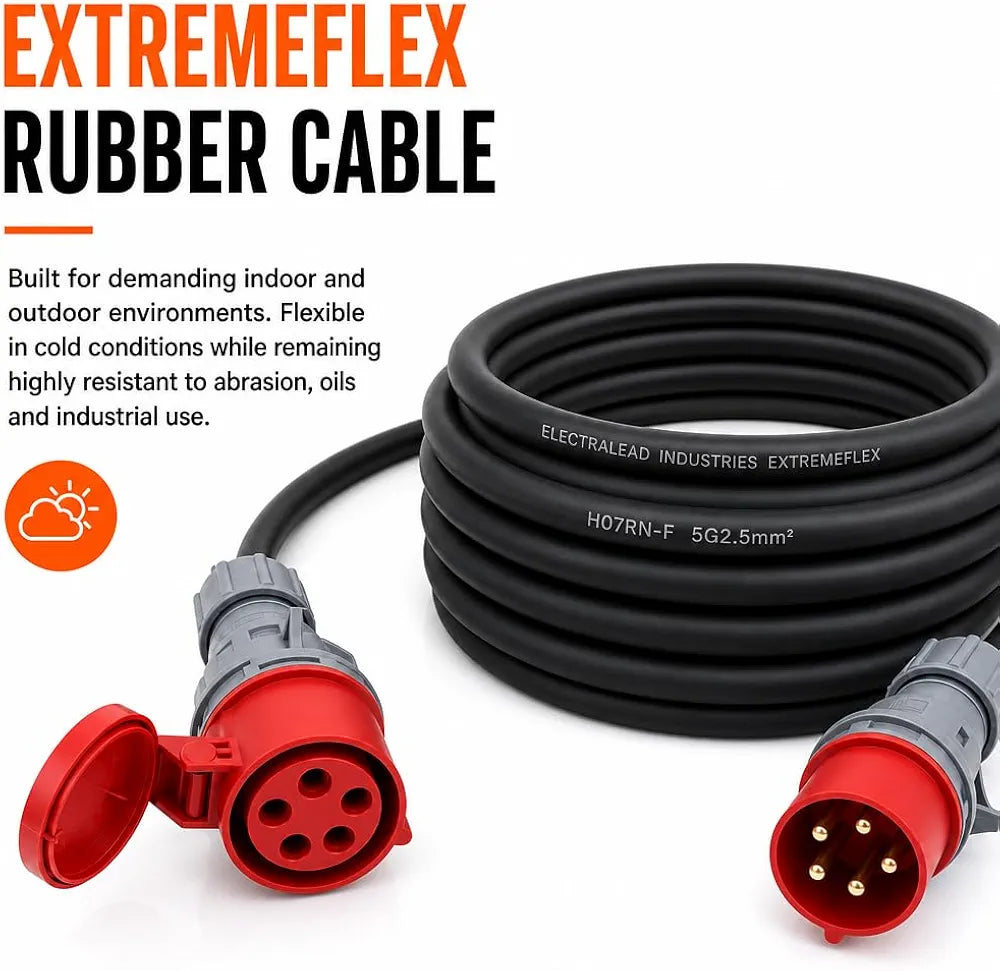 16A 5 Pin 415V 3m Red Industrial 3 Phase Extension Lead – 16 Amp, 5G2.5mm² H07RN-F Rubber Cable, IP44, CE Marked IEC 60309 Components 