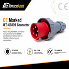 63 Amp 5 Pin 415V 3m Three Phase Extension Lead - CE Red - 16mm² Heavy Duty Industrial H07RN-F Rubber Cable 63A 3 Phase HO7 