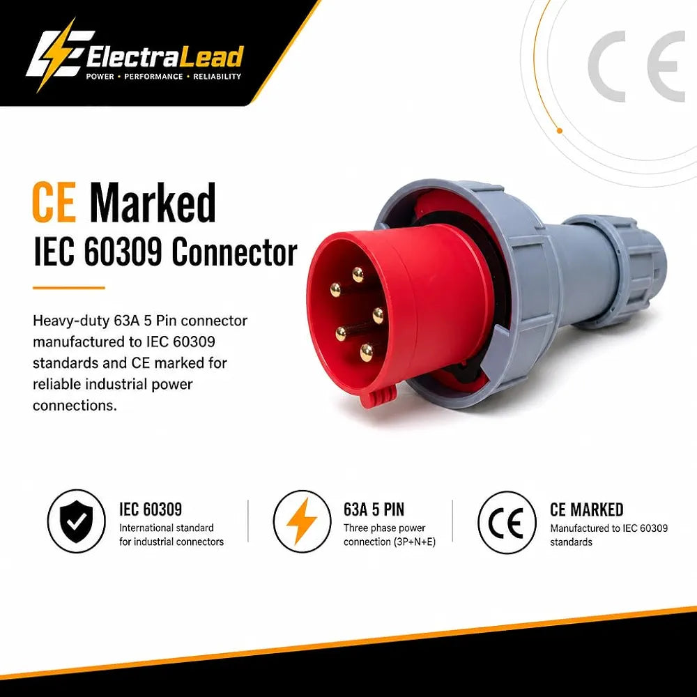 63 Amp 5 Pin 415V 3m Three Phase Extension Lead - CE Red - 16mm² Heavy Duty Industrial H07RN-F Rubber Cable 63A 3 Phase HO7 
