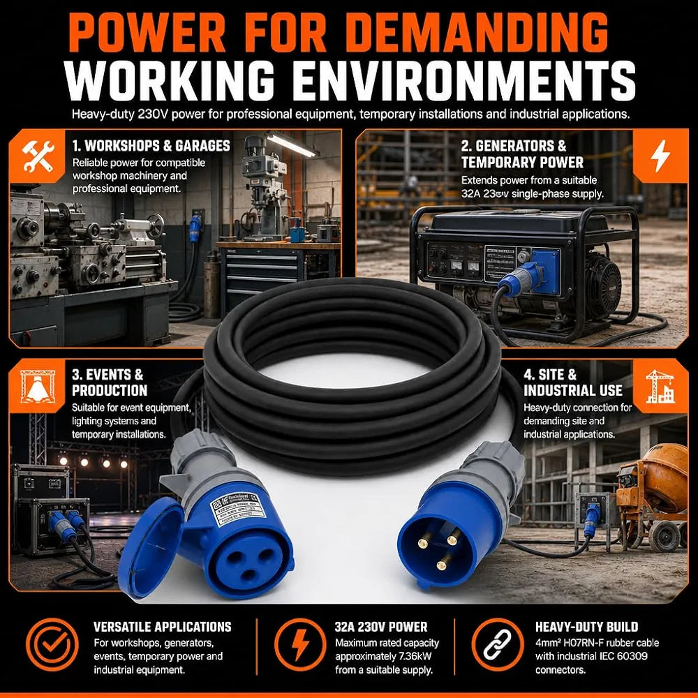 32A 3 Pin 230V 3m Blue Industrial Single Phase Extension Lead – 32 Amp, 3G6mm² H07RN-F Rubber Cable, IP44, CE Marked IEC 60309 2P+E Components 