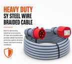 16 Amp 5 3m Pin 415V Three Phase Extension Lead - CE Red - 2.5mm² Heavy Duty Industrial Steel Armoured Cable 3 Phase 