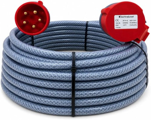 16 Amp 5 3m Pin 415V Three Phase Extension Lead - CE Red - 2.5mm² Heavy Duty Industrial Steel Armoured Cable 3 Phase 