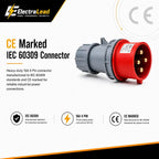16A 5 Pin to 16A 4 Pin 415V 1M 3 Phase Industrial Adaptor Lead – 4G2.5mm² SY Steel Wire Braided Cable, 3P+N+E to 3P+E, IP44, Red CE Marked IEC 60309 Connectors 