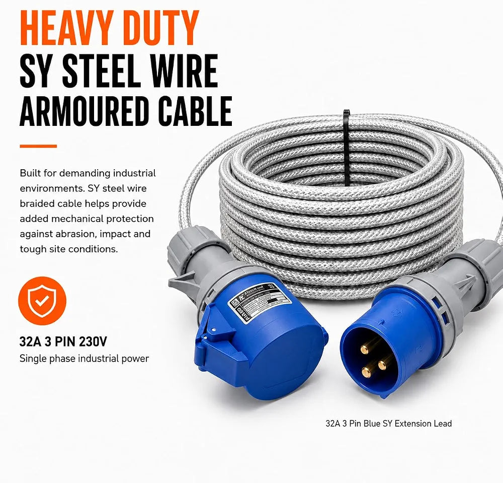 32A 3 Pin 230V 3m Blue Industrial Single Phase Extension Lead – 32 Amp, 3G4mm² SY Steel Wire Braided Cable, IP44, CE Marked IEC 60309 2P+E Components 
