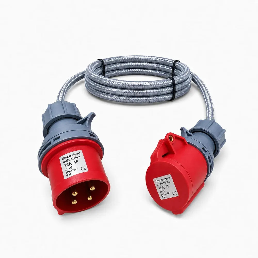 32A 4 Pin Plug to 16A 4 Pin Socket 1M 415V 3 Phase Adaptor Lead – 4 Core 4mm² SY Cable, IP44, CE Marked IEC 60309 Industrial Connectors – Multiple Lengths 