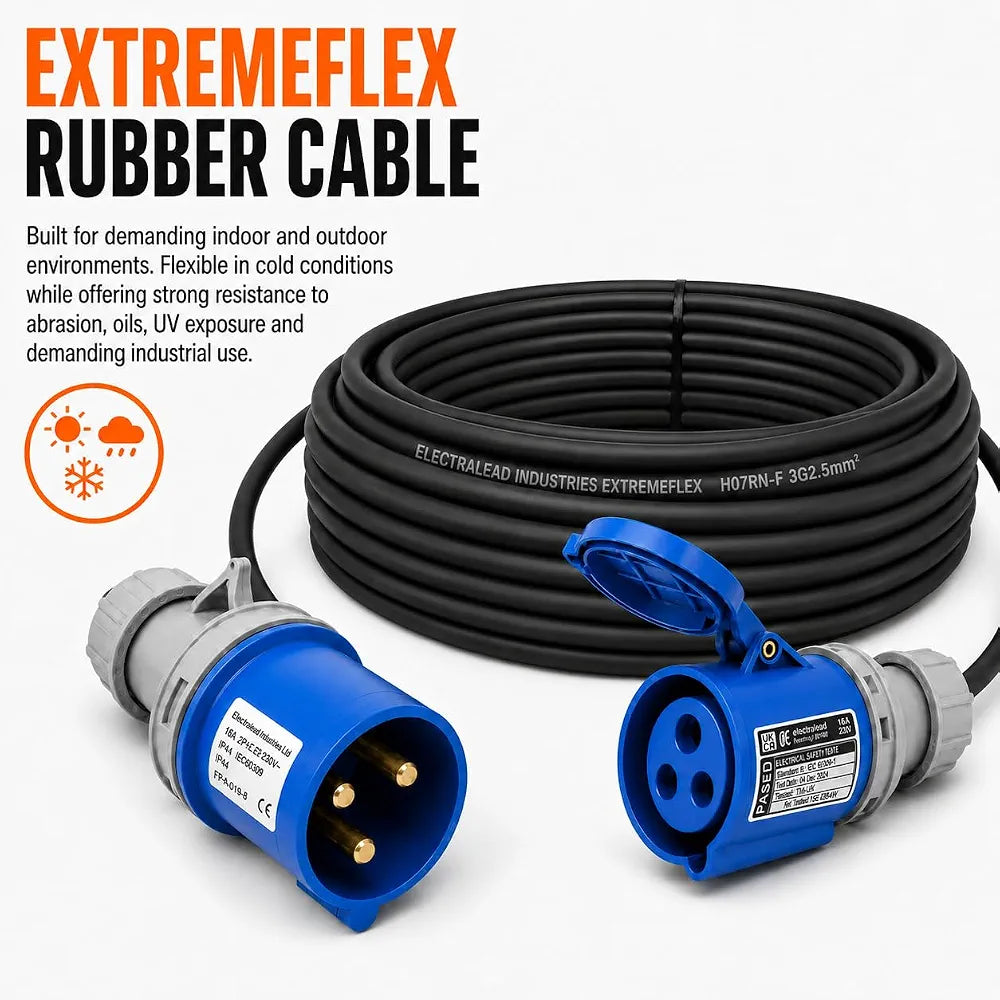 ElectraLead 16A 3 Pin 3m Industrial Extension Lead 230V Single Phase Blue IP44 IEC 60309 – CE Marked Connectors – 3G2.5mm² H07RN-F Rubber Cable – PAT Tested 