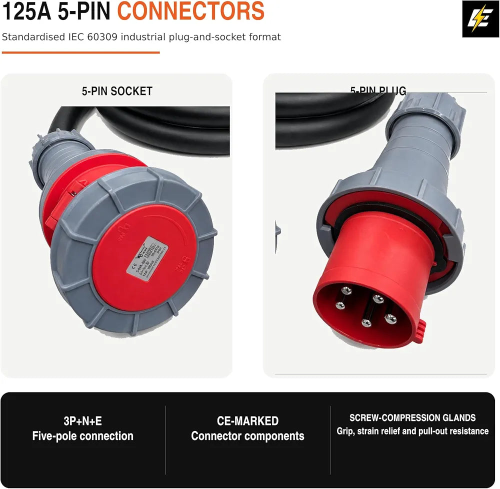 5 Metre 125A 5-Pin 415V IP67 3-Phase Extension Lead