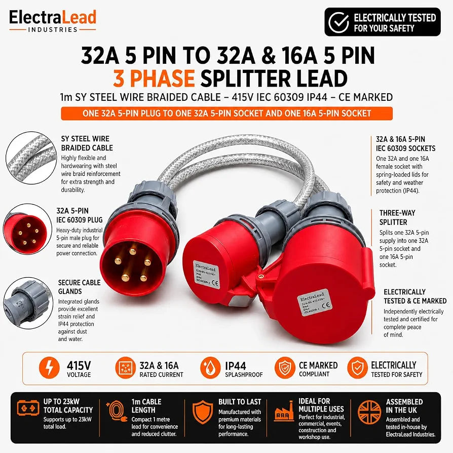 ElectraLead 32A 5 Pin to 32A & 16A 5 Pin Red 3 Phase Splitter Lead – 1m SY Steel Wire Braided Cable – 415V IEC 60309 IP44 – CE Marked Industrial Connectors – PAT Tested