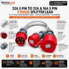 ElectraLead 32A 5 Pin to 32A & 16A 5 Pin Red 3 Phase Splitter Lead – 1m SY Steel Wire Braided Cable – 415V IEC 60309 IP44 – CE Marked Industrial Connectors – PAT Tested