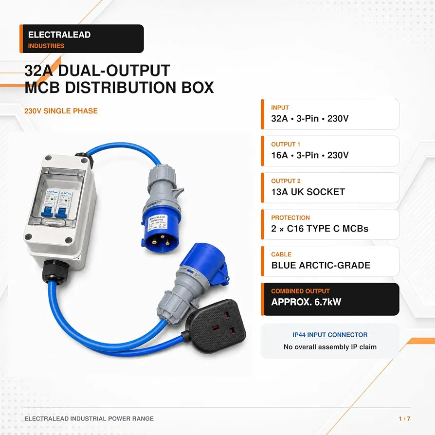32A 3 Pin 230V MCB Distribution Box to 16A 3 Pin & 13A UK Socket