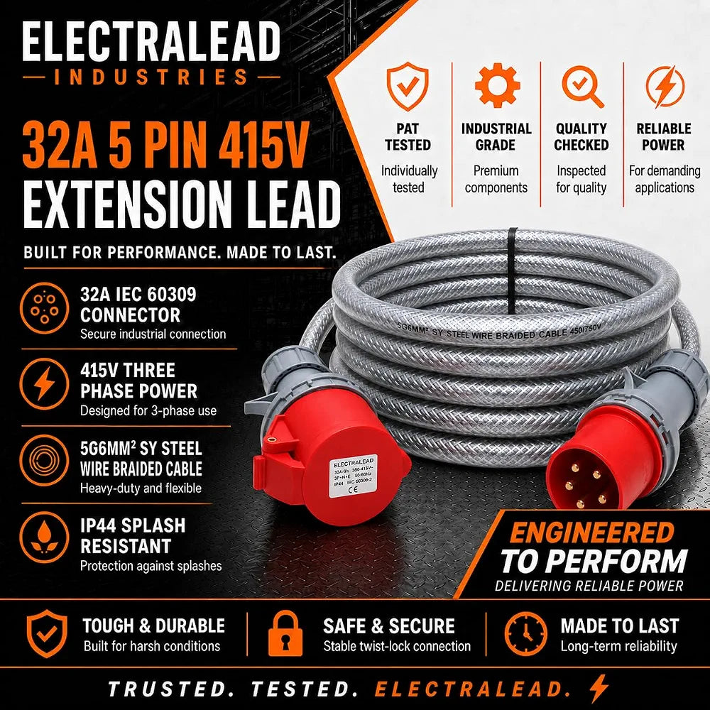 32A 5 Pin 415V 3m Red Industrial 3 Phase Extension Lead – 32 Amp, 5G6mm² SY Steel Wire Braided Cable, IP44, CE Marked IEC 60309 Components 