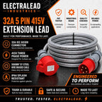 32A 5 Pin 415V 3m Red Industrial 3 Phase Extension Lead – 32 Amp, 5G6mm² SY Steel Wire Braided Cable, IP44, CE Marked IEC 60309 Components 