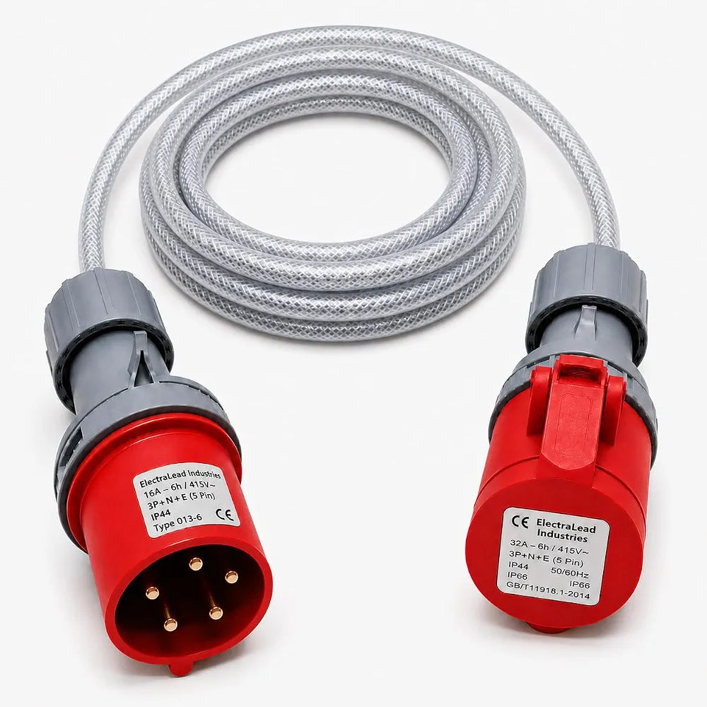 16A 5 Pin to 32A 5 Pin 415V 1M 3 Phase Industrial Adaptor Lead – 5G4mm² SY Steel Wire Braided Cable, IP44, CE Marked IEC 60309 Connectors 