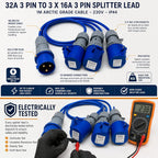 ElectraLead 32A 3 Pin to 3 x 16A 3 Pin Splitter Lead – 1m Arctic Grade Cable – 230V IEC 60309 IP44 – CE Marked Industrial Connectors – Electrically Tested