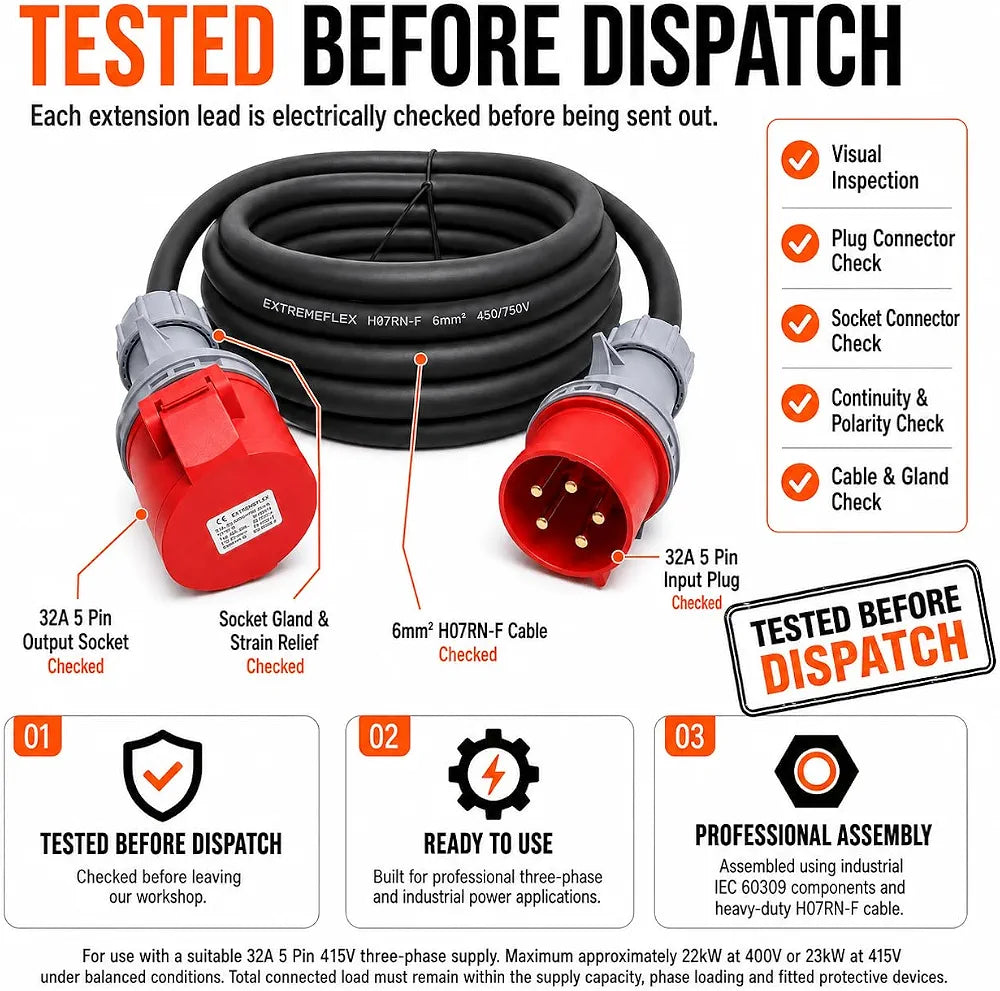 32A 5 Pin 415V 3m Red Industrial 3 Phase Extension Lead – 32 Amp, 5G6mm² H07RN-F Rubber Cable, IP44, CE Marked IEC 60309 Components 