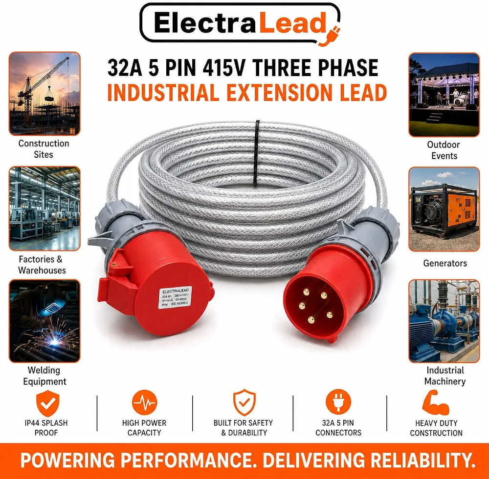 32A 5 Pin 3 Phase Extension Lead 3m – 415V Industrial Heavy Duty Steel Armoured Cable with Red CEE Plug & Socket – IP44 Site/Generator Power Lead – PAT Tested 