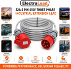 32A 5 Pin 3 Phase Extension Lead 3m – 415V Industrial Heavy Duty Steel Armoured Cable with Red CEE Plug & Socket – IP44 Site/Generator Power Lead – PAT Tested 