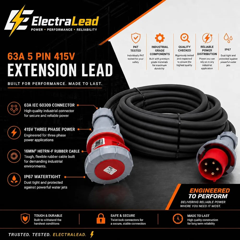63 Amp 5 Pin 415V 3m Three Phase Extension Lead - CE Red - 16mm² Heavy Duty Industrial H07RN-F Rubber Cable 63A 3 Phase HO7 