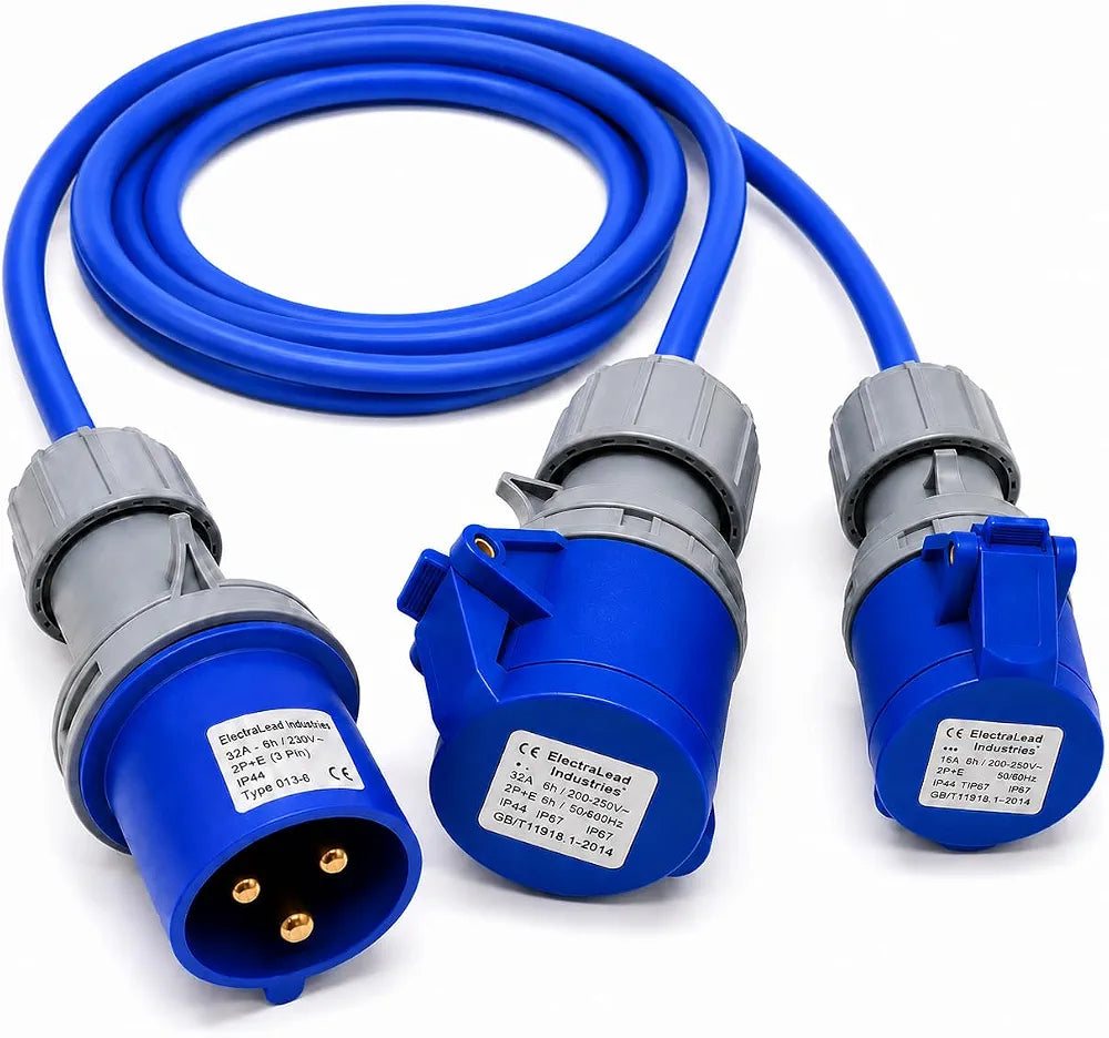 ElectraLead Blue 32A 3 Pin to 32A & 16A 3 Pin Splitter Lead – 1m Arctic Grade Cable – 230V IEC 60309 IP44 – CE Marked Industrial Connectors – Electrically Tested
