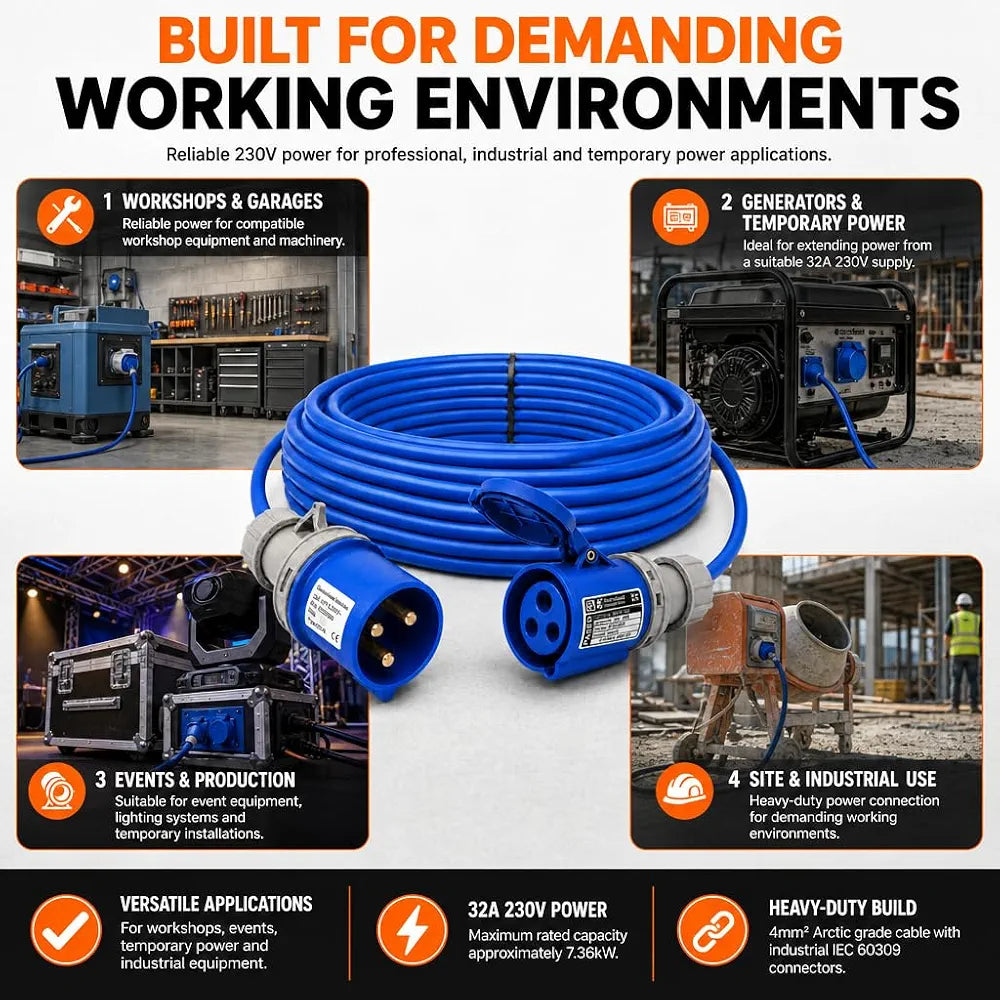 32A 3 Pin 240V 3m Blue Industrial Single Phase Extension Lead – 32 Amp, 3G4mm² Arctic Grade Cable, IP44, CE Marked IEC 60309 2P+E Components 