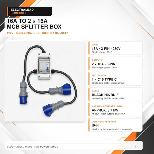 16A 3 Pin 230V MCB Distribution Box to 2x16A UK Sockets