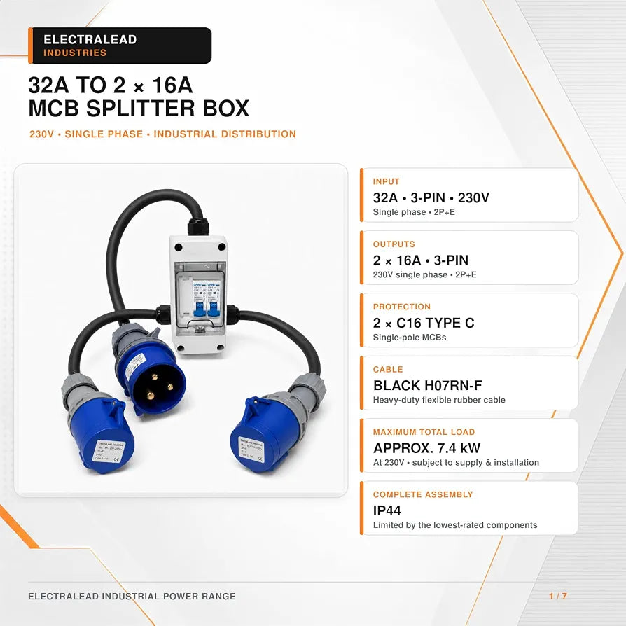 32A 3 Pin 230V MCB Distribution Box to 2x16A UK Sockets