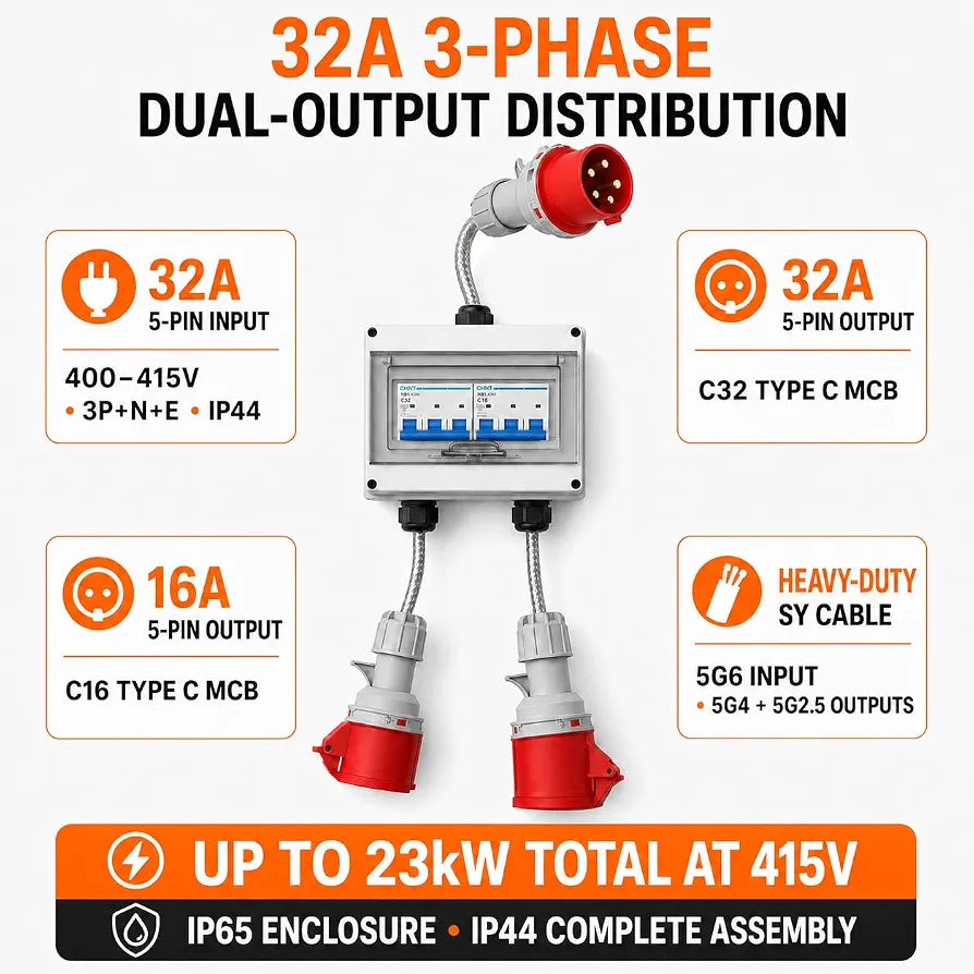 32A 5 Pin 415V 3 Phase MCB Distribution Box to 32A + 16A Outputs