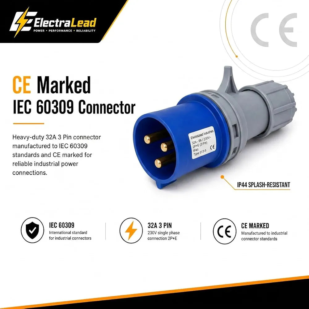 32A 3 Pin 230V 3m Blue Industrial Single Phase Extension Lead – 32 Amp, 3G6mm² H07RN-F Rubber Cable, IP44, CE Marked IEC 60309 2P+E Components 