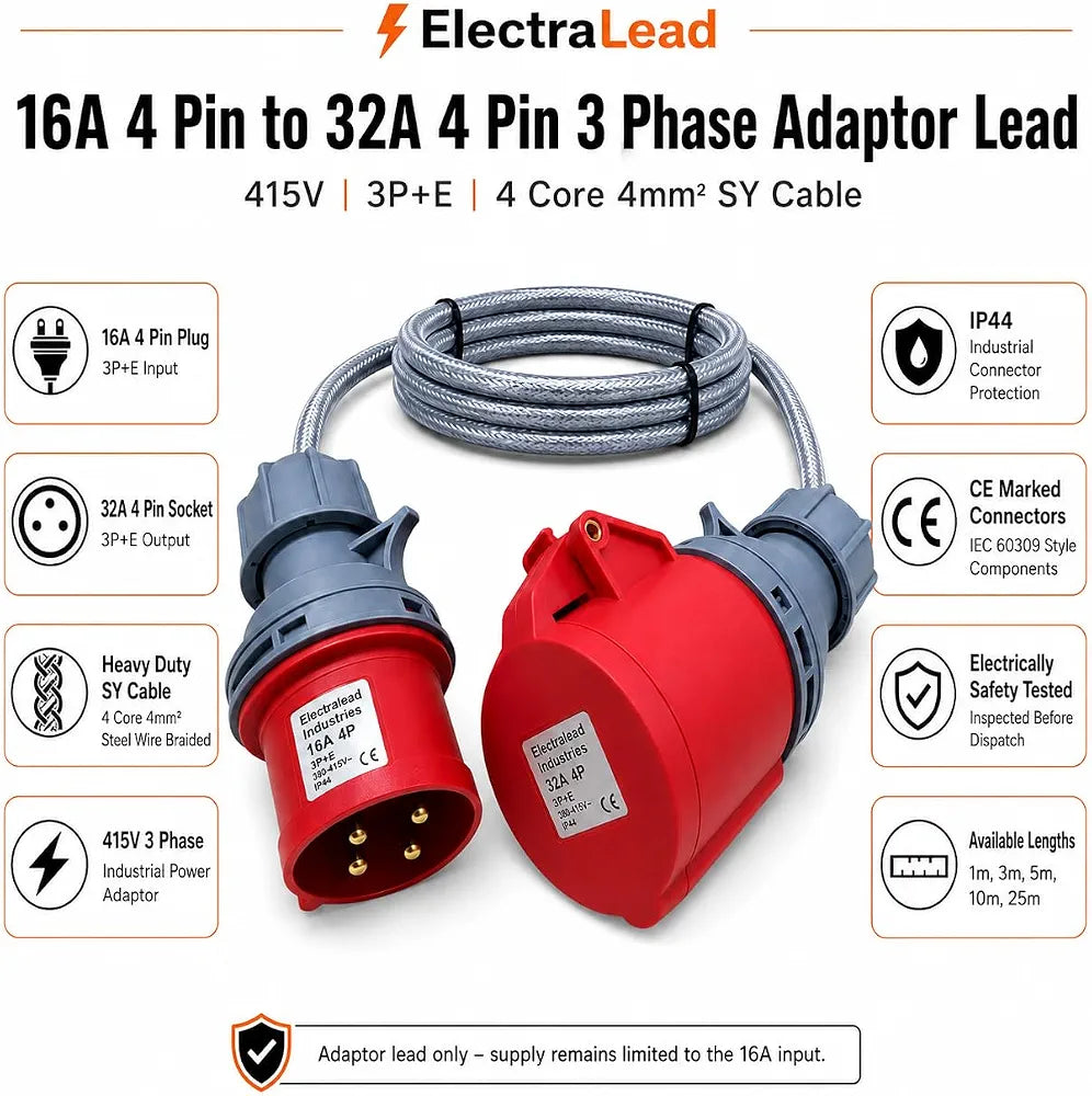 16A 4 Pin Plug to 32A 4 Pin Socket 1M 415V 3 Phase Adaptor Lead – 4 Core 4mm² SY Cable, IP44, CE Marked IEC 60309 Industrial Connectors – Multiple Lengths 
