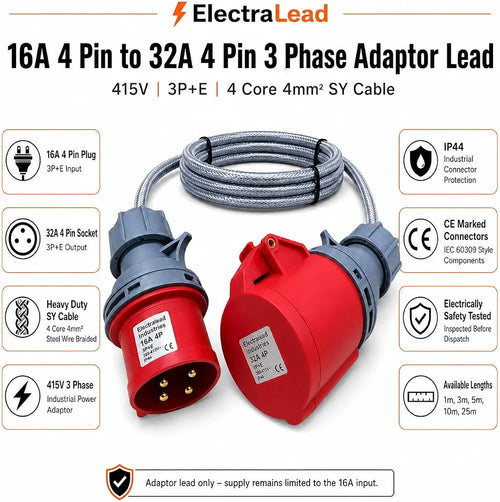 16A 4 Pin Plug to 32A 4 Pin Socket 1M 415V 3 Phase Adaptor Lead – 4 Core 4mm² SY Cable, IP44, CE Marked IEC 60309 Industrial Connectors – Multiple Lengths 