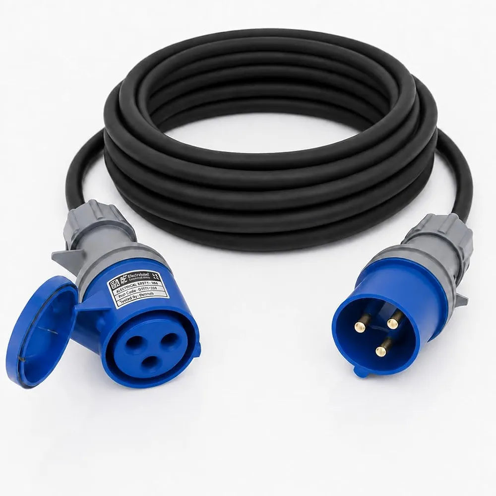 32A 3 Pin 230V 3m Blue Industrial Single Phase Extension Lead – 32 Amp, 3G4mm² H07RN-F Rubber Cable, IP44, CE Marked IEC 60309 2P+E Components 