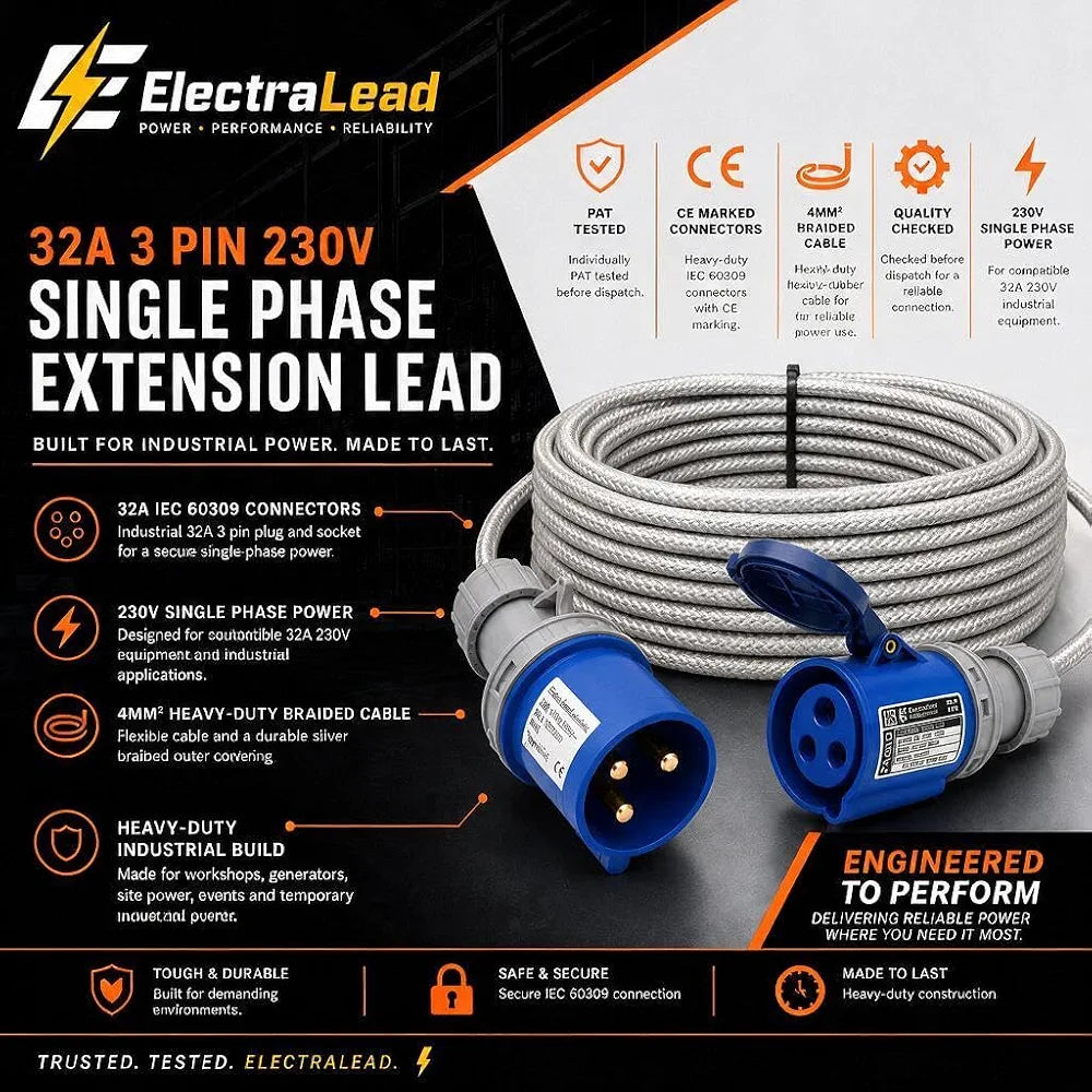 32A 3 Pin 230V 3m Blue Industrial Single Phase Extension Lead – 32 Amp, 3G4mm² SY Steel Wire Braided Cable, IP44, CE Marked IEC 60309 2P+E Components 