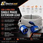 32A 3 Pin 230V 3m Blue Industrial Single Phase Extension Lead – 32 Amp, 3G4mm² SY Steel Wire Braided Cable, IP44, CE Marked IEC 60309 2P+E Components 