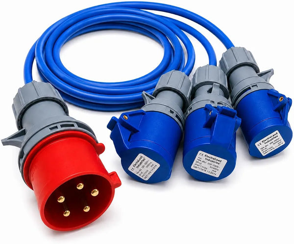 ElectraLead 32A 5 Pin to 3 x 16A 3 Pin Splitter Lead – 1m Arctic Grade Cable – 415V 3 Phase to 230V IEC 60309 – CE Marked Industrial Connectors