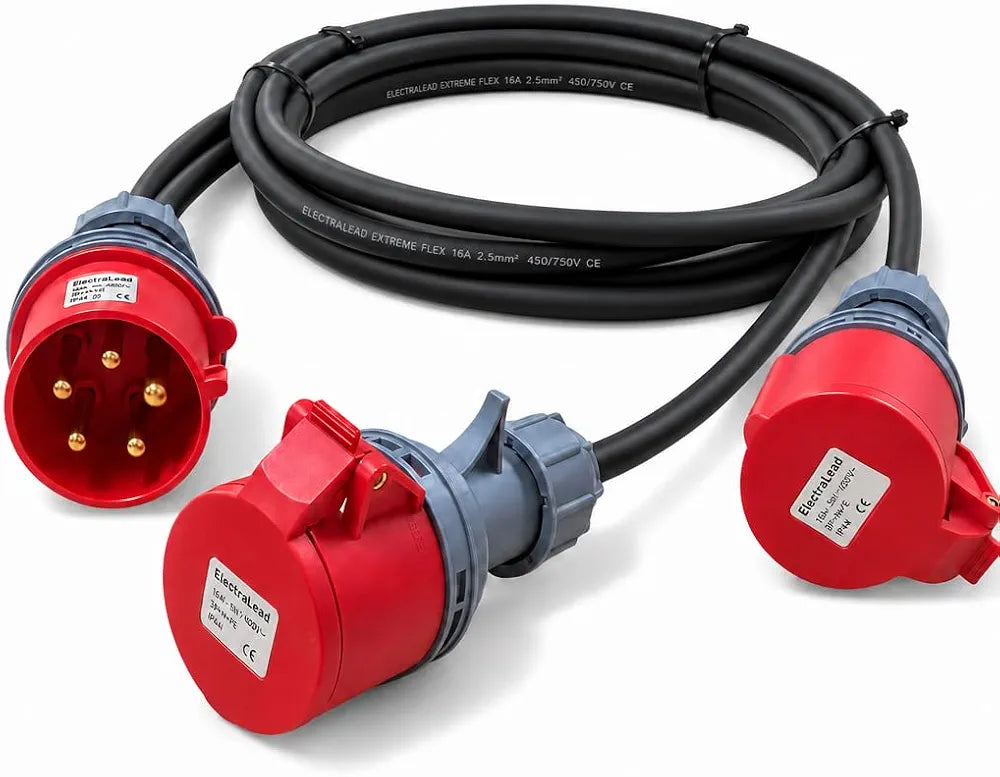 ElectraLead 32A 5 Pin to 2 x 16A 5 Pin 3 Phase Splitter Lead – 1m H07RN-F Rubber Cable – 415V IEC 60309 IP44 – CE Marked Industrial Connectors – PAT Tested